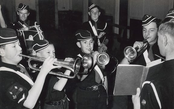 Programme producer Shelley Wilkinson’s big brother Ross (3rd bugler from left) in the Nelson Boy’s Brigade Company C. 1962.