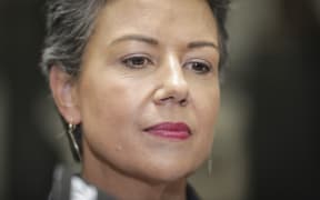Paula Bennett as she stood with National Party Leader, Simon Bridges, while he spoke to media about Jami-Lee Ross.
