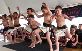 The boys of Kerikeri Primary School perform a haka.