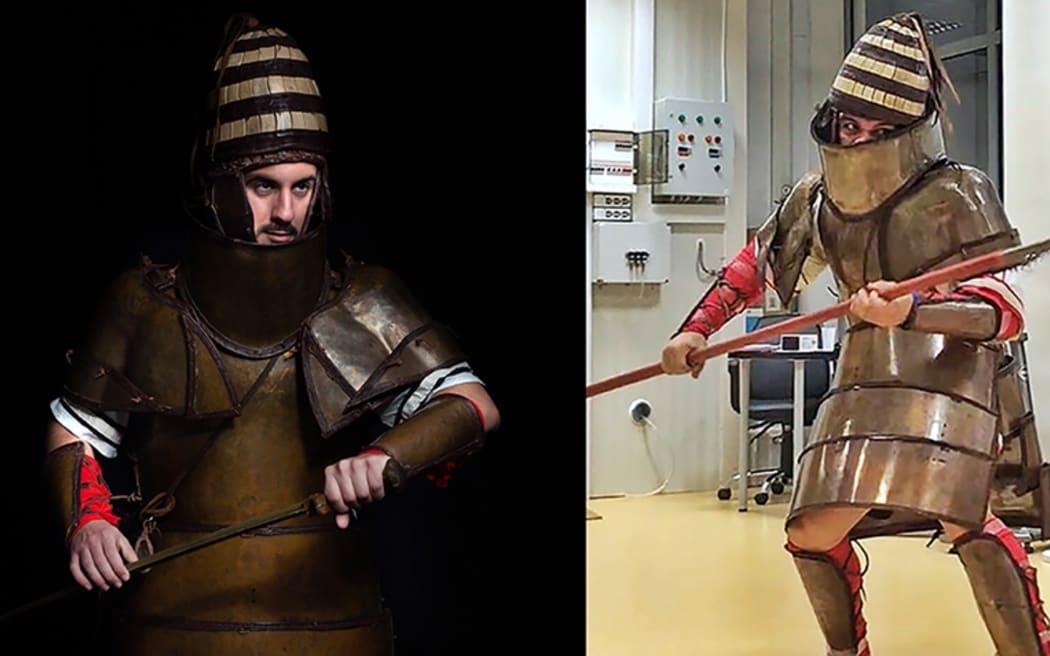 Volunteer marine soldiers in simulated combat wearing the Dendra armour replica during the empirical study (right) and an artistic photo shoot (left).
