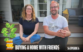 A man and woman are sitting on the deck and smiling at the camera. Title says: Buying a Home With Friends - Season 6 Episode 6