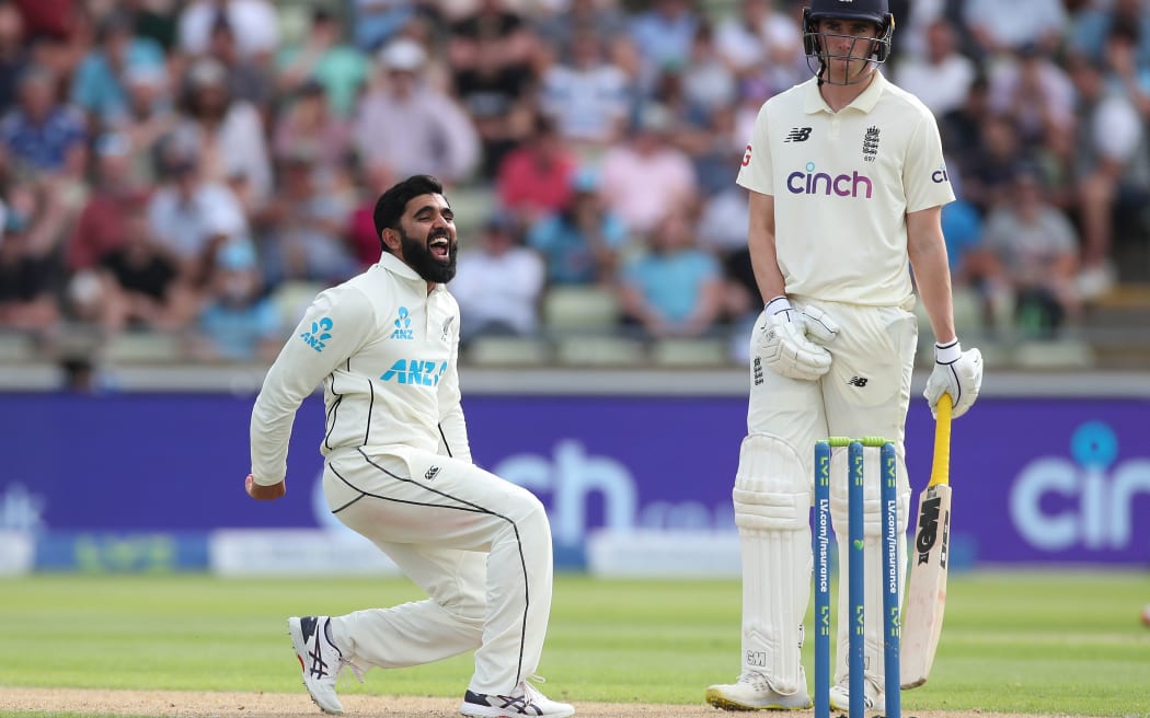 Ajaz Patel celebrates taking the wicket of Olly Stone, 2021.