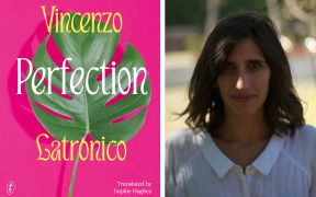 A composite image showing the cover of "Perfection" on the left, and a photo of Sophie Hughes on the right. The cover of "Perfection" is bright pink, with a shiny monstera leaf. Sophie looks at the camera levelly, standing outside under the shade of a tree and wearing a white blouse.