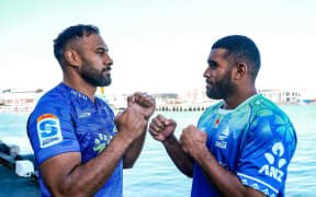 Fijian Drua captain Meli Derenalagi (right) faces off against Blues captain Patrick Tuipulotu at the Super Rugby launch in Auckland on 14 February. The two teams face off in Whangarei on Saturday in their opening competition match. Photo: Super Rugby