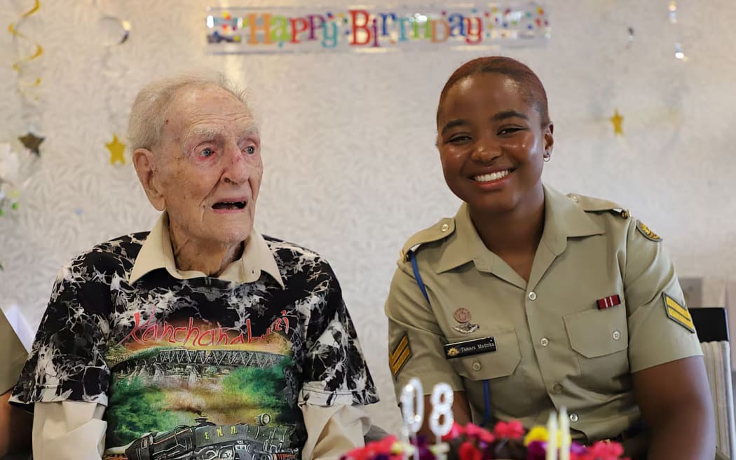 James "Jim" Easton - believed to be New Zealand's oldest man - celebrated his 108th birthday on Thursday, joined by Australian Army representative Corporal Tamara Madzika (pictured).