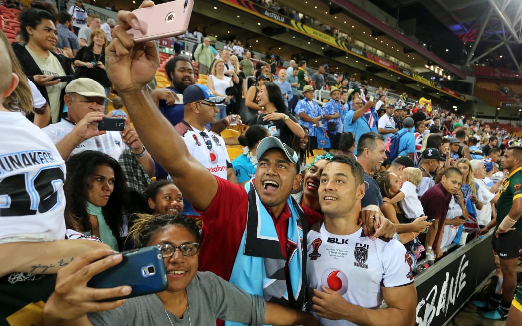 Selfies for Jarryd Hayne with Fiji supporters at last year's world cup semi-final against Australia in Brisbane.
