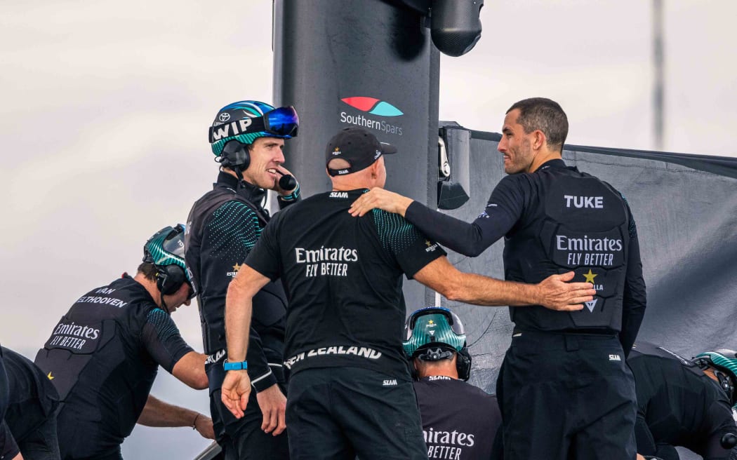 Pat on the back from Ray Davies, ETNZ Coach, Peter Burling, ETNZ skipper, and Blair Tuke, ETNZ Flight Controller, after winning both races of day one of the Louis Vuitton 37th America’s Cup in Barcelona, Spain on Saturday 12 October 2024.
Photo credit: Georgia Schofield / www.photosport.nz