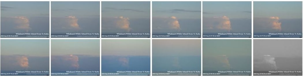 This screenshot of the GNS Whaakari camera shows emissions growing over two hours from 6.20am (bottom right) to 8.10am (top left) on 22 August 2024.