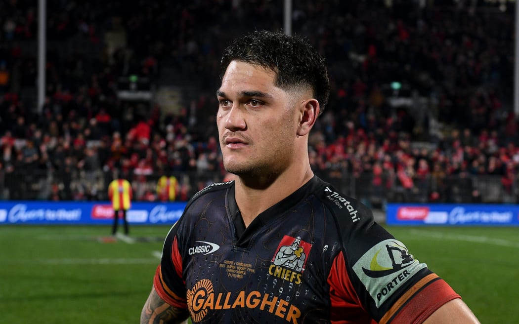 A dejected Quinn Tupaea of the Chiefs after losing the Super Rugby Pacific Final.