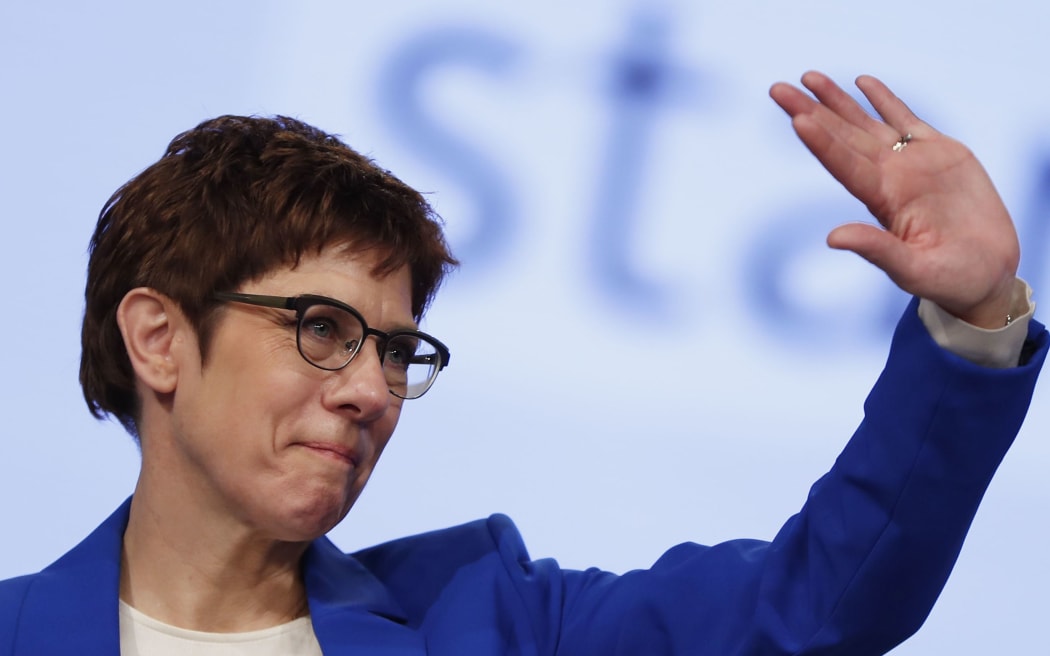 The leader of the Christian Democratic Union (CDU) Annegret Kramp-Karrenbauer waves after delivering her a speech during the congress of Germany's conservative Christian Democratic Union (CDU) party on November 22, 2019, in Leipzig, eastern Germany.