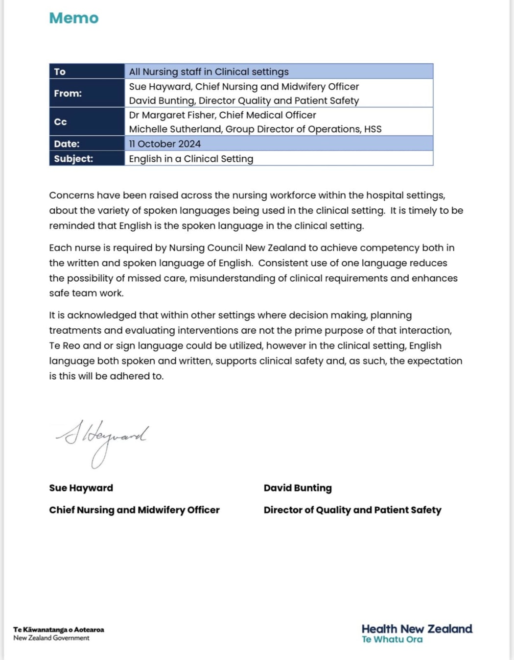 The note sent by Te Whatu Ora to Waikato staff, requiring only English to be spoken.