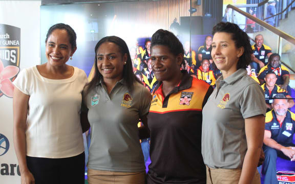 PNG Orchids Patron Lynda Babao O'Neil, Amelia Kuk, Orchids captain Cathy Neap and Broncos Women's CEO Tain Drinkwater.