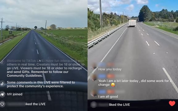A view of the road, with text from a livestream viewer in front.