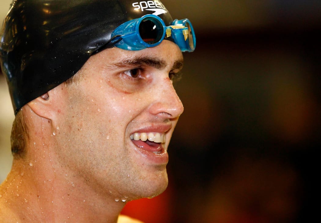 Moss Burmester celebrates winning the 200m butterfly and qualifying for the Commonwealth Games in April 2010.
