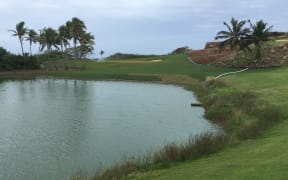 The new 14th green at the Natadola Bay Golf Course, moved from up on the hill to the left.