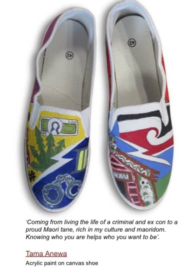 Shoes by the artist and prisoner Tama Anewa.
