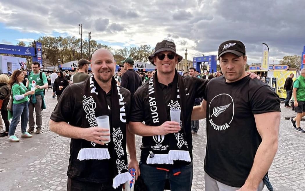 Adam John (right), Andy Peat and Kim Boustridge (left) at the 2023 Rugby World Cup ahead of the Ireland v All Blacks quarter final.