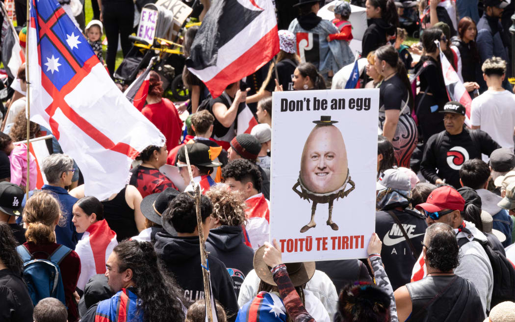 The hikoi against the Principles of the Treaty of Waitangi Bill reaches Parliament.