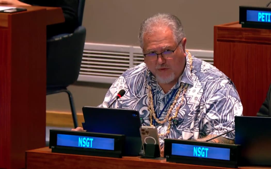 French Polynesian President Moetai Brotherson address the UN Decolonization Committee in New York, pictured on Oct. 7 2024.