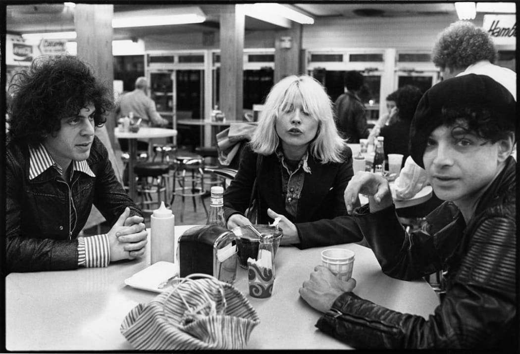 Suicide's Marty Rev (L) and Alan Vega (R), with Debbie Harry around Times Square , NYC late 1970s
