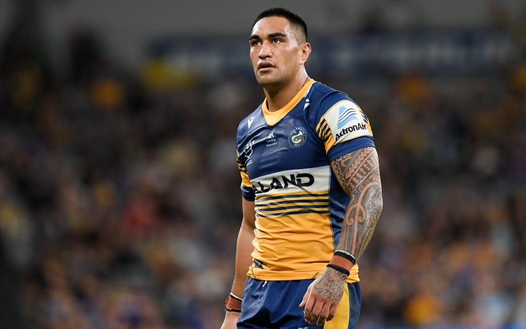 Marata Niukore of the Eels looks on during the round three NRL match between the Parramatta Eels and Cronulla Sharks at Bankwest Stadium on March 27, 2021 in Sydney, Australia.