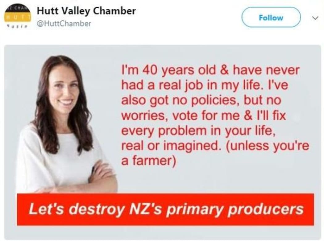 The Jacinda Ardern tweet sent out from an account linked to the Hutt Valley Chamber of Commerce.