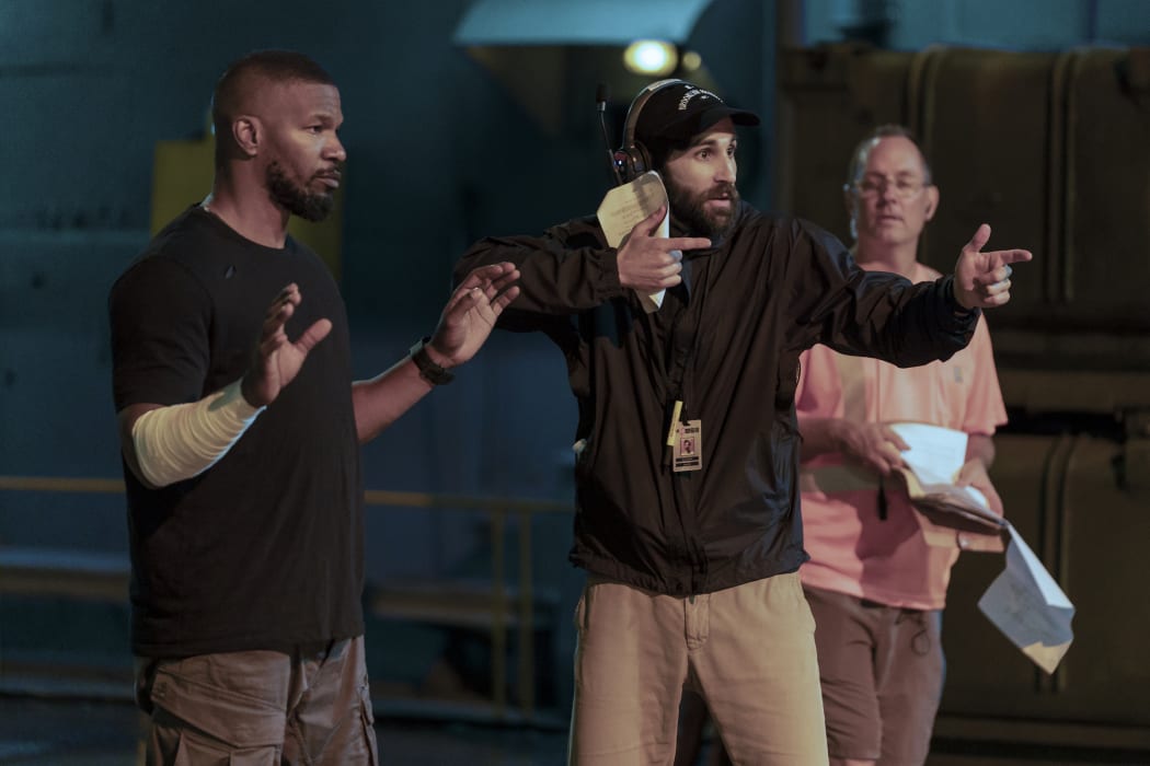 Jamie Foxx and Director Ariel Schulman on the set of Project Power.