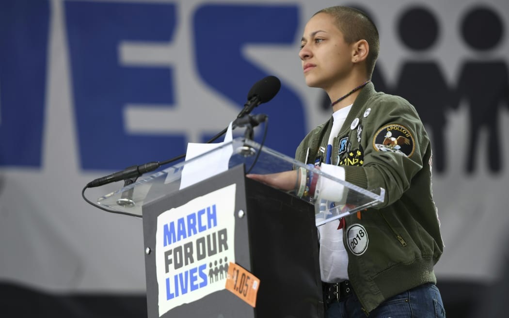 Marjory Stoneman Douglas High School student Emma Gonzalez reacts as she speaks during the March for Our Lives Rally in Washington, DC.