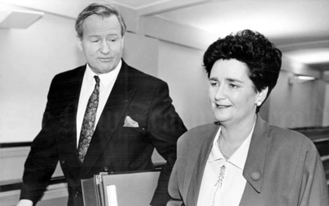 Prime Minister Jim Bolger and Finance Minister Ruth Richardson make their way to the House of Representatives for the presentation of the 1991 budget