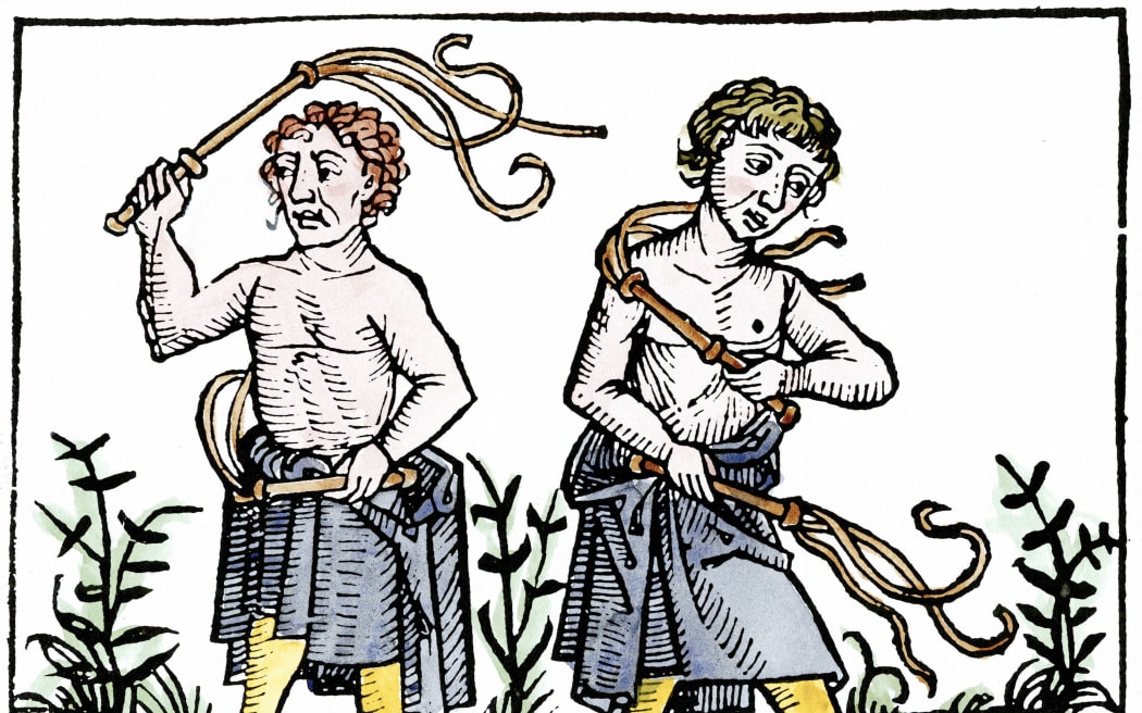 Flagellants. At time of Black Death in Europe, sect went through streets scourging themselves in attempt to take sins of population on themselves and save them from God's wrath manifested in form of plague. Woodcut 1493 (Photo by Ann Ronan Picture Library / Photo12 via AFP)