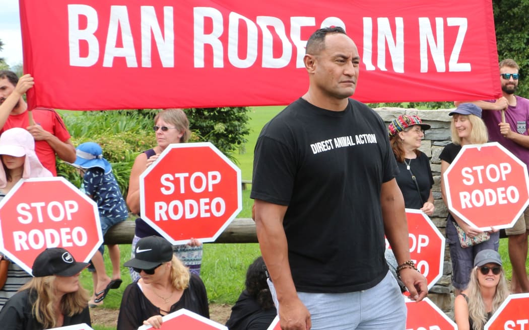 Direct Animal Action spokesperson Apollo Taito at a protest outside the Waikato Rodeo in Te Awamutu.
