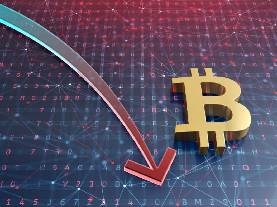 Bitcoin crash concept. Stock market arrow on digital background. 3d illustration.