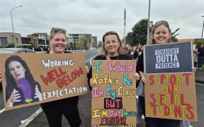 Workers on strike and supporters in Henderson, Auckland, on the day of the 'mega strike', 23 October 2025.
