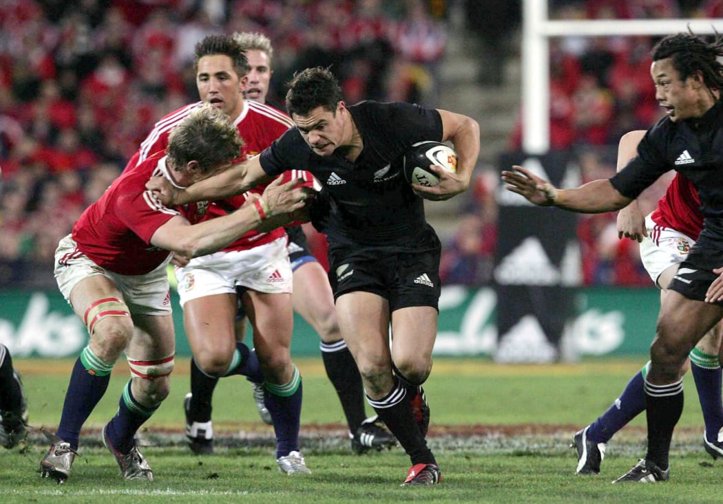 All Black first five-eights Daniel Carter on the attack during the 2nd test match between the New Zealand All Blacks and the British and Irish Lions at Westpac Stadium in Wellington,New Zealand on Saturday 2 July 2005