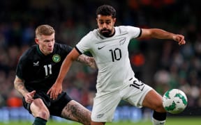 All Whites midfielder Sarpreet Singh in action against the Republic of Ireland, 2023.