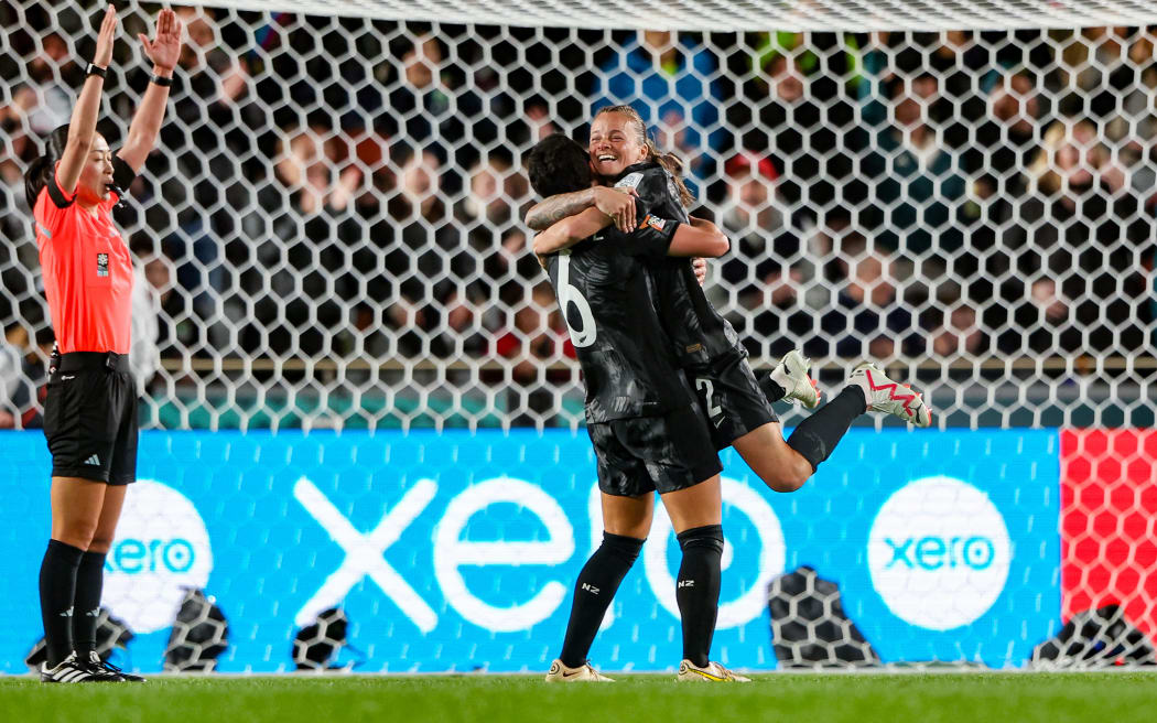 Malia Steinmetz of New Zealand and Co-captain Ria Percival of New Zealand celebrate their 1-0 win over Norway