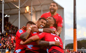 Crusaders celebrates Chay Fihaki(c)  try during the Super Rugby Pacific match, Crusaders Vs Chiefs, at the Apollo Projects Stadium, Christchurch, New Zealand, 29th March 2024. Copyright photo: John Davidson / www.photosport.nz