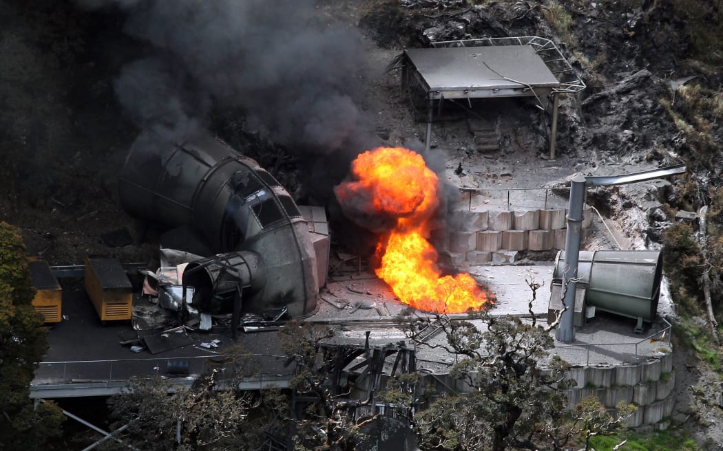 Flames emerge from a ventilation shaft at Pike River Coal Mine after the explosions in November 2010.