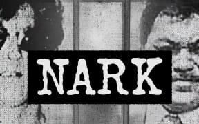 Black and white grainy image of Ross Appelgren (left hand side) and Darcy Te Hira (right handside) with their faces partially obscured by the end of the image. Prison bars appear behind then, with the word 'Nark' in all caps in white with a black strip behind the words.