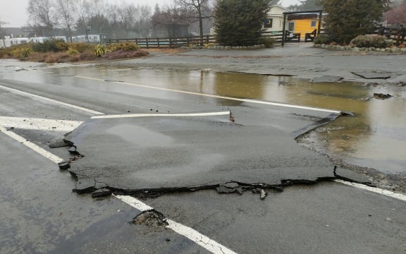 Damage to State Highway 8 at the Canterbury town of Omarama.