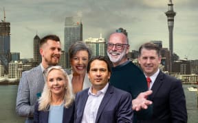 The Auckland City skyline with Mayoral hopefuls l-r: The Auckland City skyline, with Mayoral hopefuls inset l-r: Richard Hills, Desley Simpson, Paula Bennett, Simon Bridges, Wayne Brown and Michael Wood Photo / NZME