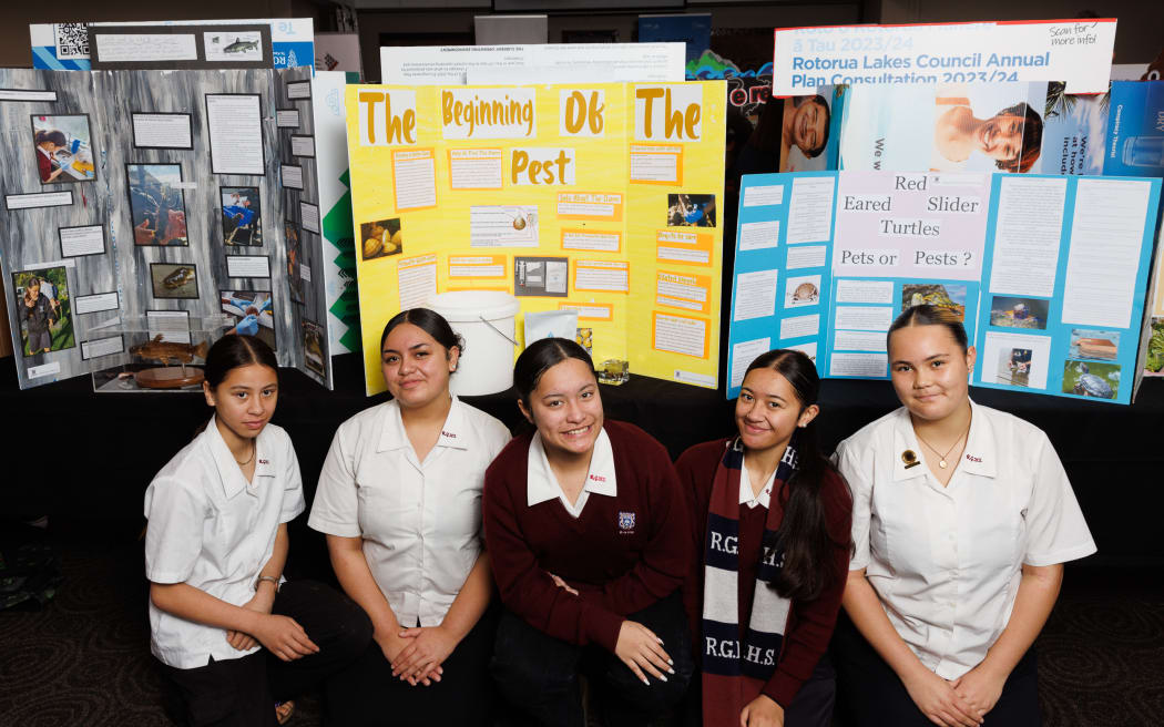 Students from Rotorua Girls' High School with their projects at Te Tūkohu Ngāwhā Mātauranga Māori Science and Design Fair in 2024.