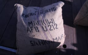 A sack of cocoa beans that was sailed to New Zealand from Bougainville by the Wellington Chocolate Factory.