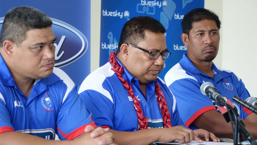 Manu Samoa coach Stephen Betham, left, manager Sami Leota, centre, and co-coach Alama Ieremia at the team announcement in Apia