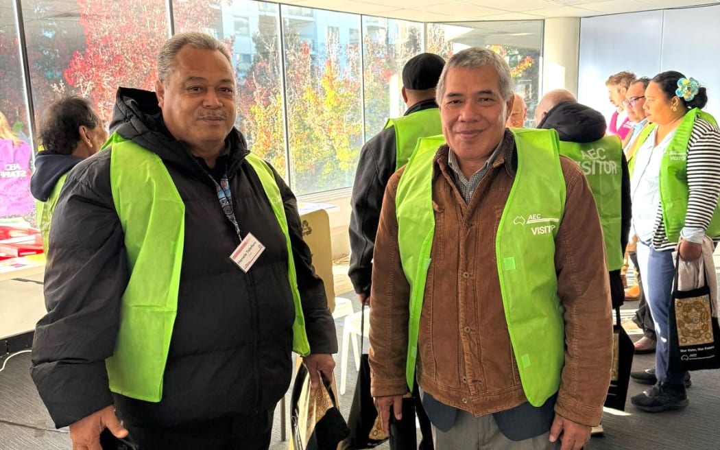Tonga's Assistant Supervisor of Elections Henele Telefoni (left) and Supervisor Pita Vuki in Australia earlier this year to observe the conduct of the Australian general elections. Photo: Tonga Electoral Commission.