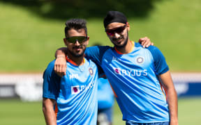 Umran Malik and Arshdeep Singh during India training at the Basin Reserve 2022.