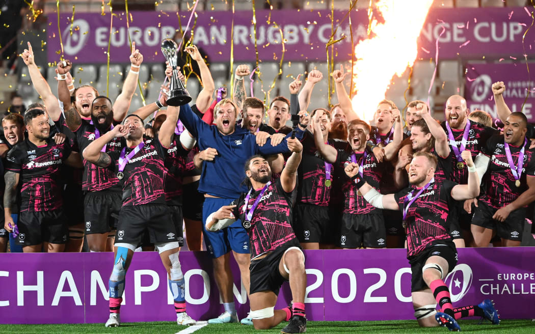 Bristol Bears hold the trophy aloft as they celebrate victory after the European Rugby Challenge Cup final against Toulon at the Maurice David stadium in Aix-en-Provence, southeastern France, on October 16, 2020.