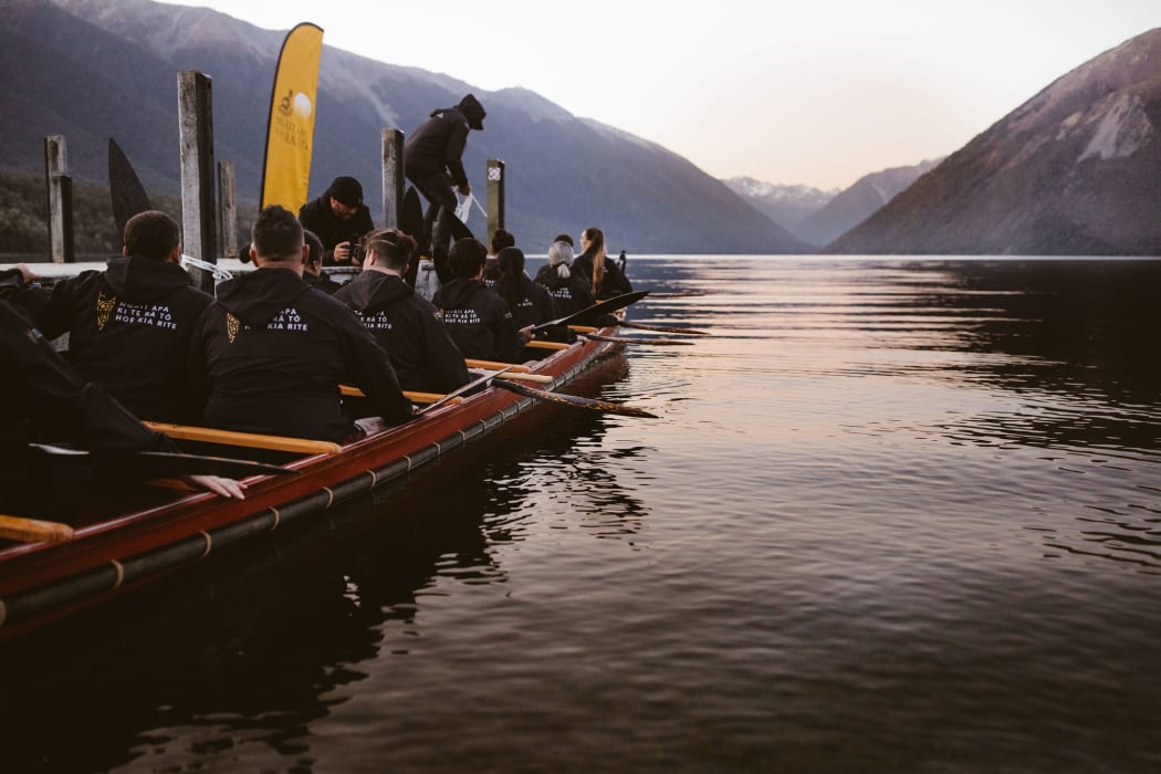 The launch of the Ngāti Apa waka, Te Haeata, on Lake Rotoiti in November 2019.