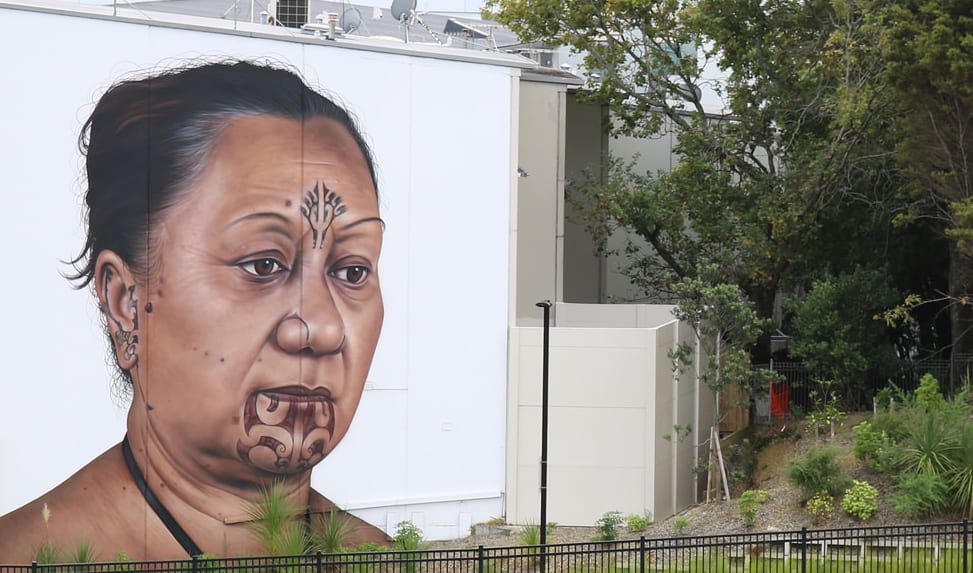 Taa moko artist Tania Cotter depicted in Owen Dippie's mural 'Hine' (Auckland)