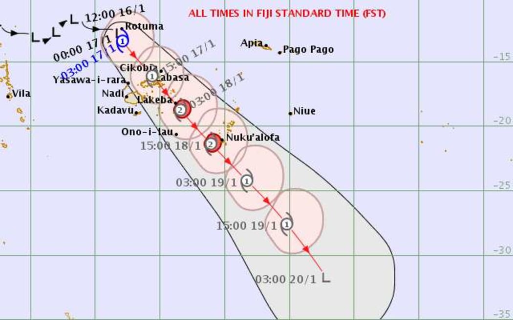 This forecast track of Cyclone Tino shows it passing over Vanua Levu and Tonga's capital, Nuku'alofa.